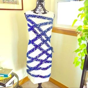 Tadashi Shoji Blue and White Bandage Lace, Size 12